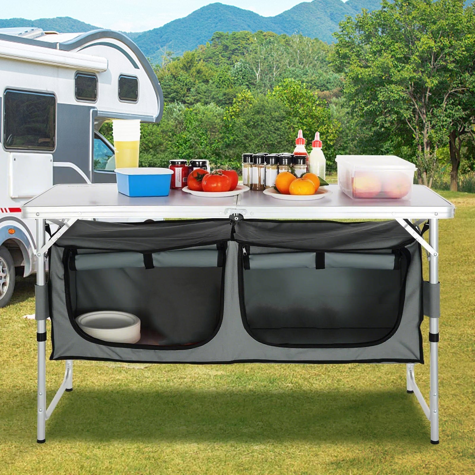 Camping Kitchen Table Folding Outdoor Table with Carrying Bag Adjustable Heights