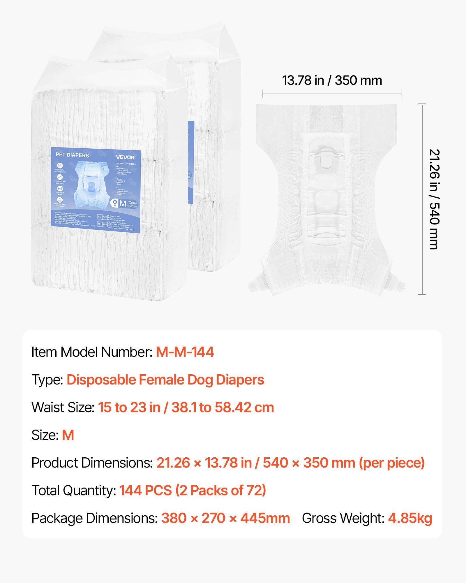 Dog Diapers Disposable Female 360 Leak-Proof Wetness Indicator M 144 Count