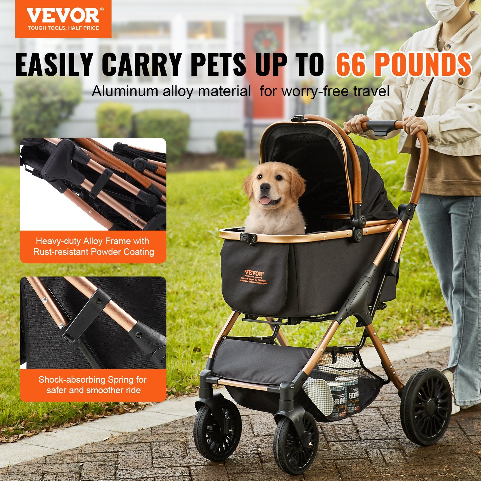 Pet Stroller 4 Wheels Dog with Brakes 66lbs Detachable Carrier Storage Basket