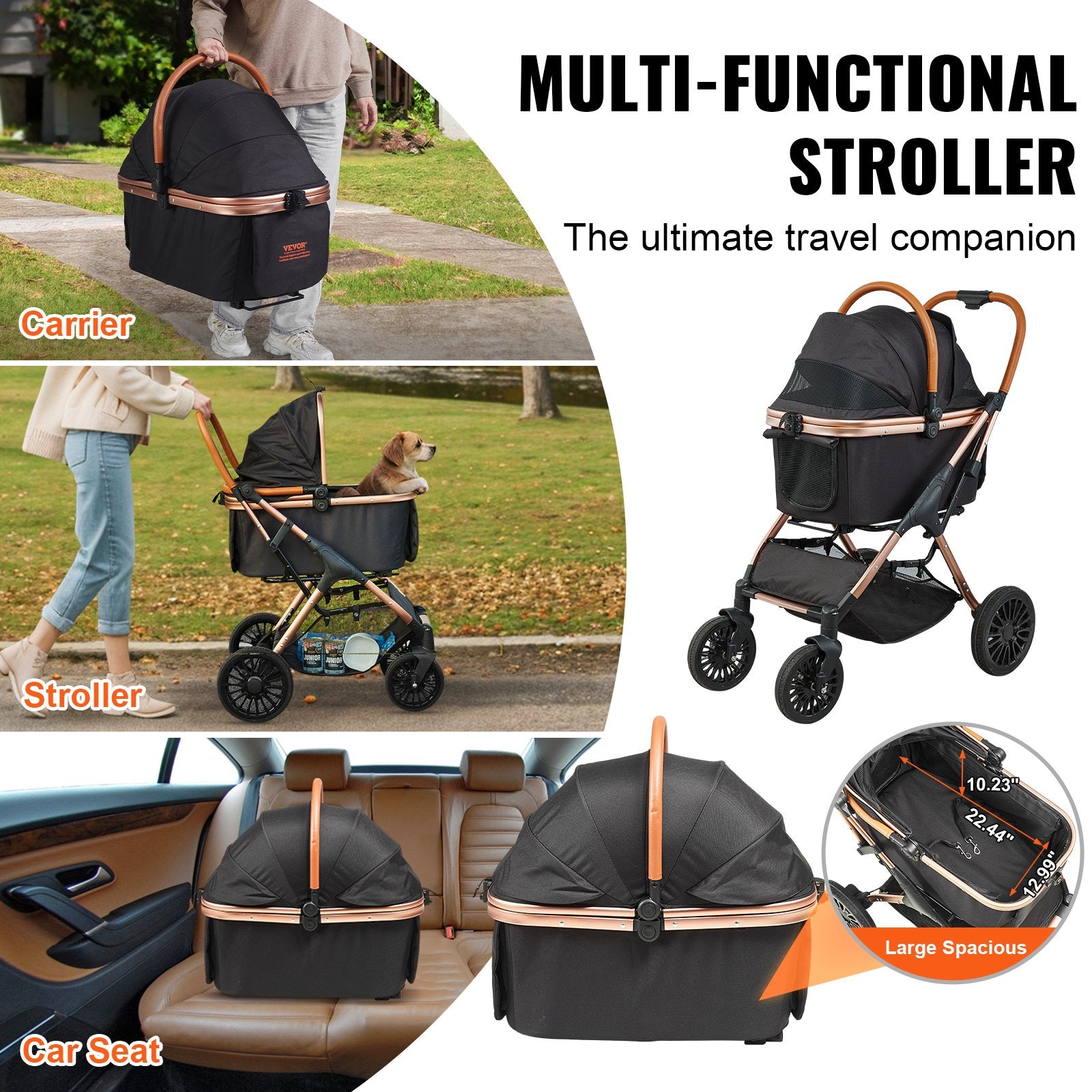 Pet Stroller 4 Wheels Dog with Brakes 66lbs Detachable Carrier Storage Basket