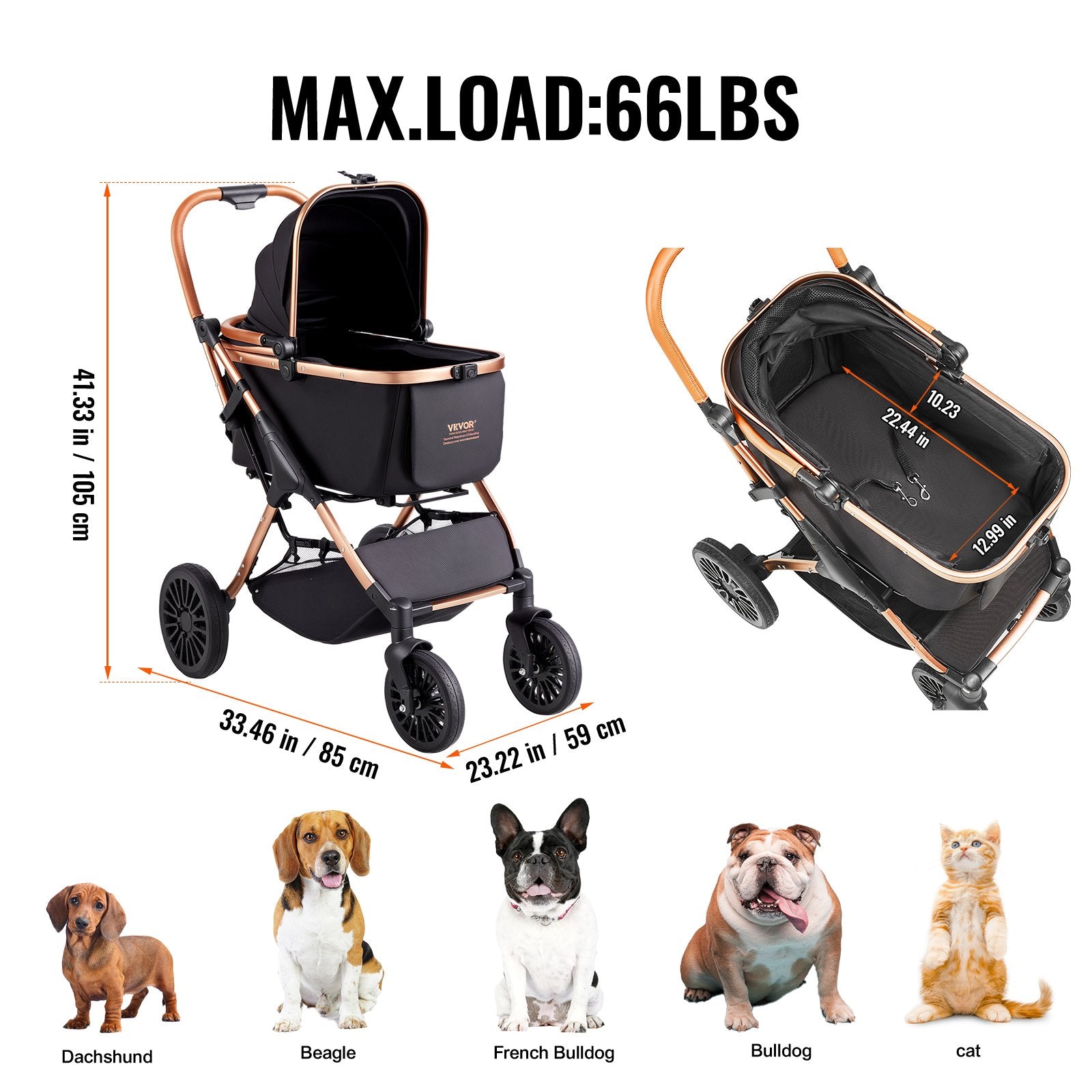 Pet Stroller 4 Wheels Dog with Brakes 66lbs Detachable Carrier Storage Basket