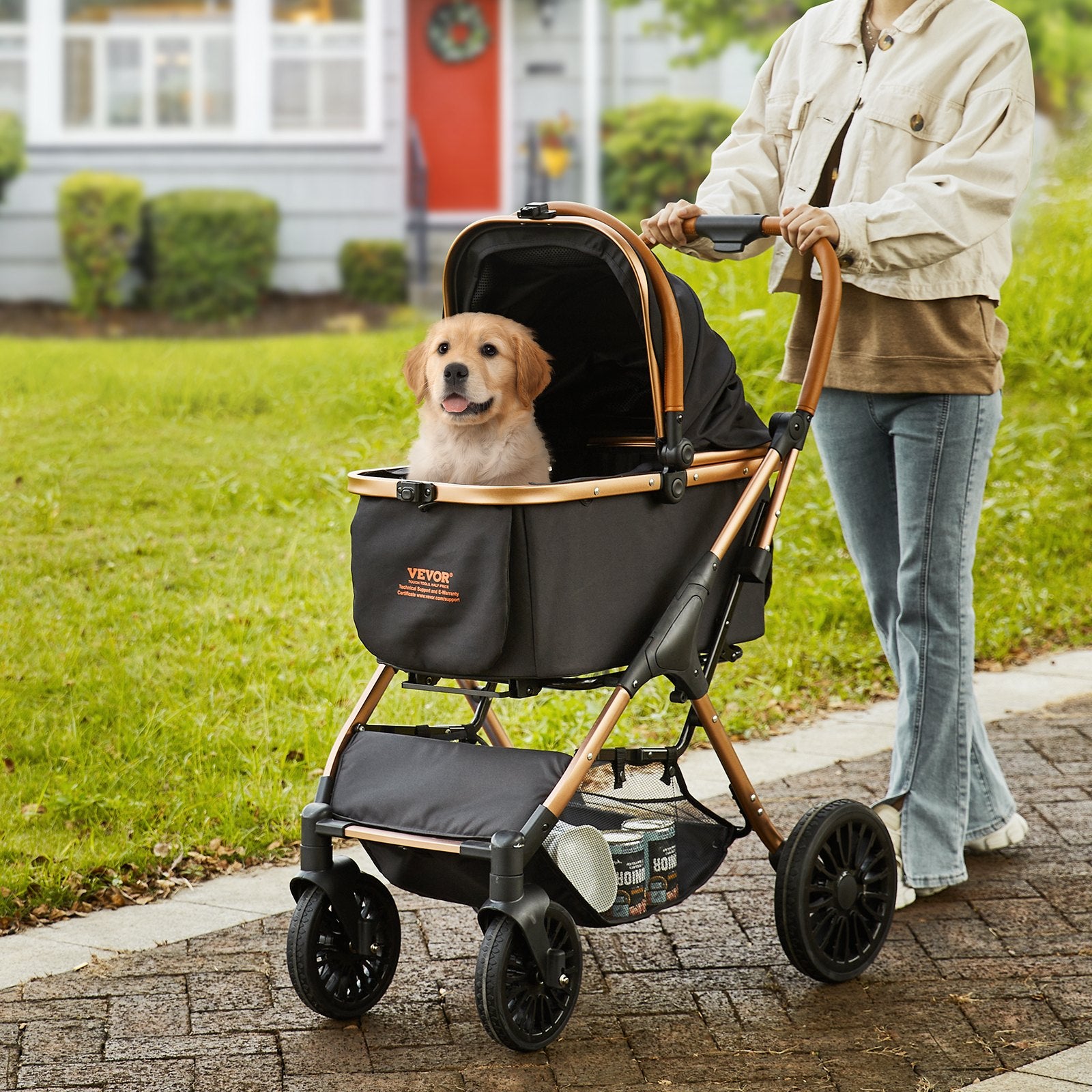 Pet Stroller 4 Wheels Dog with Brakes 66lbs Detachable Carrier Storage Basket