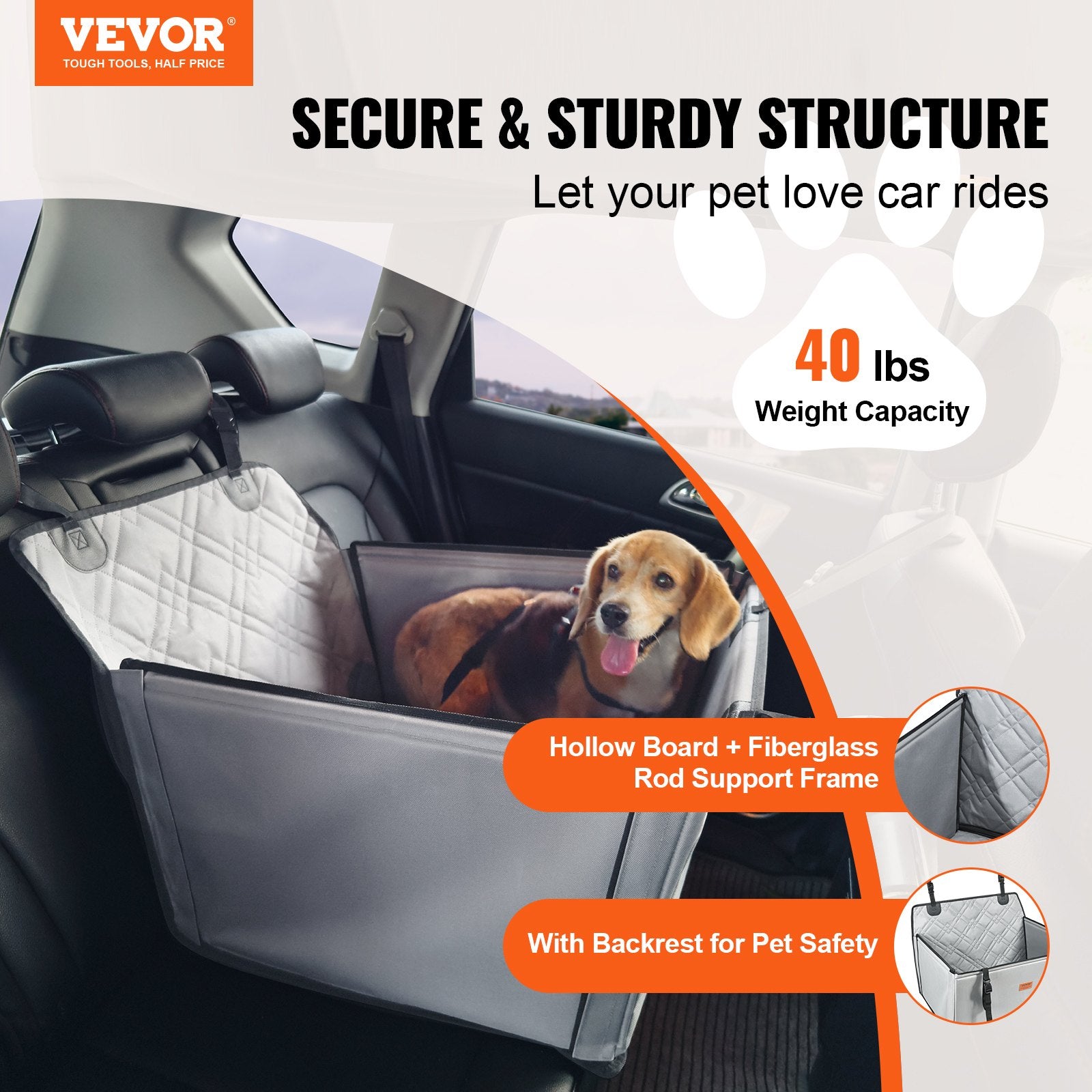 Dog Car Seat Waterproof Booster with Support Frame Clip-On Safety Leash Gray