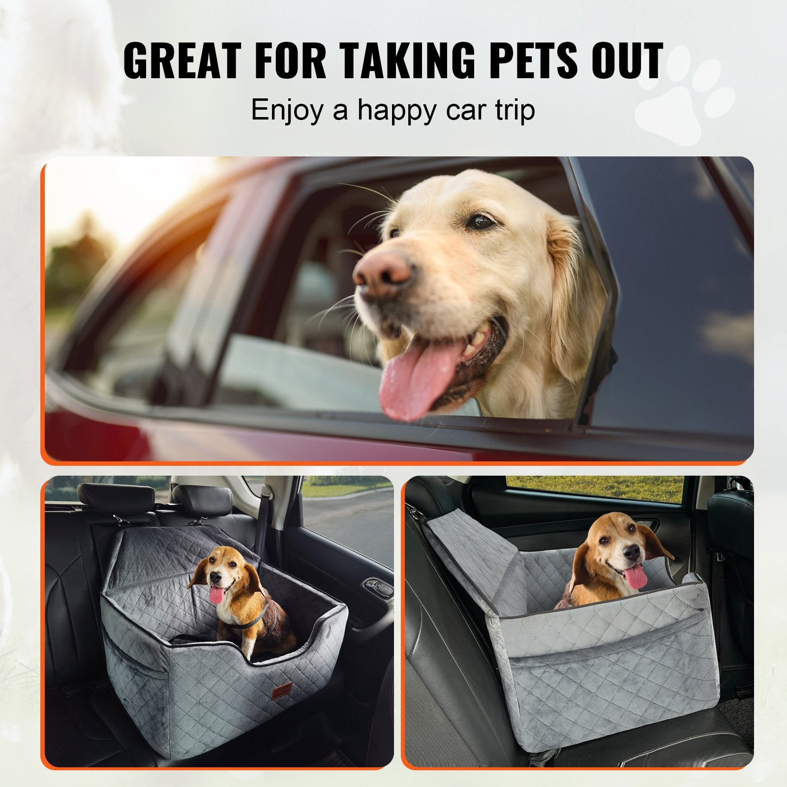 Dog Car Seat Booster with Storage Pocket Safety Leash Sponge 24.9kg Gray