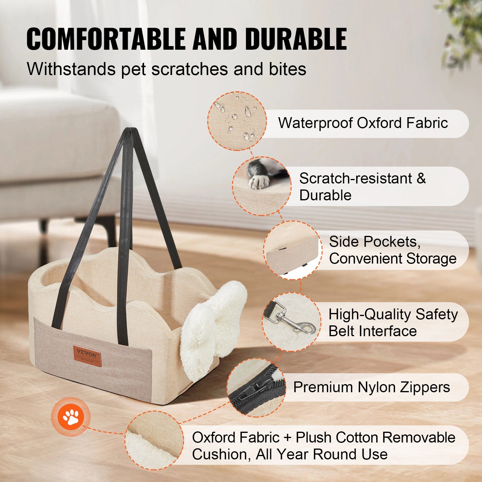 Dog Car Seat Console Center Booster Small Dog Clip-On Leash Adjustable Straps