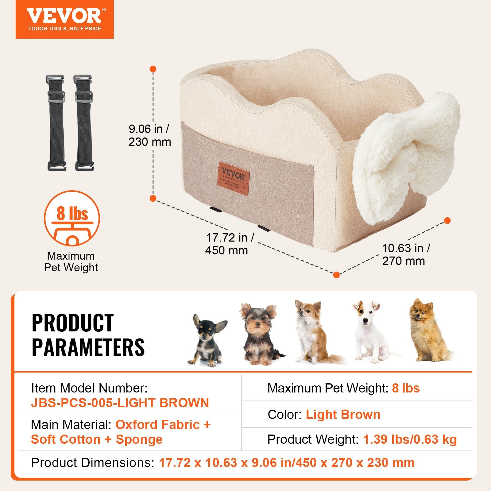Dog Car Seat Console Center Booster Small Dog Clip-On Leash Adjustable Straps