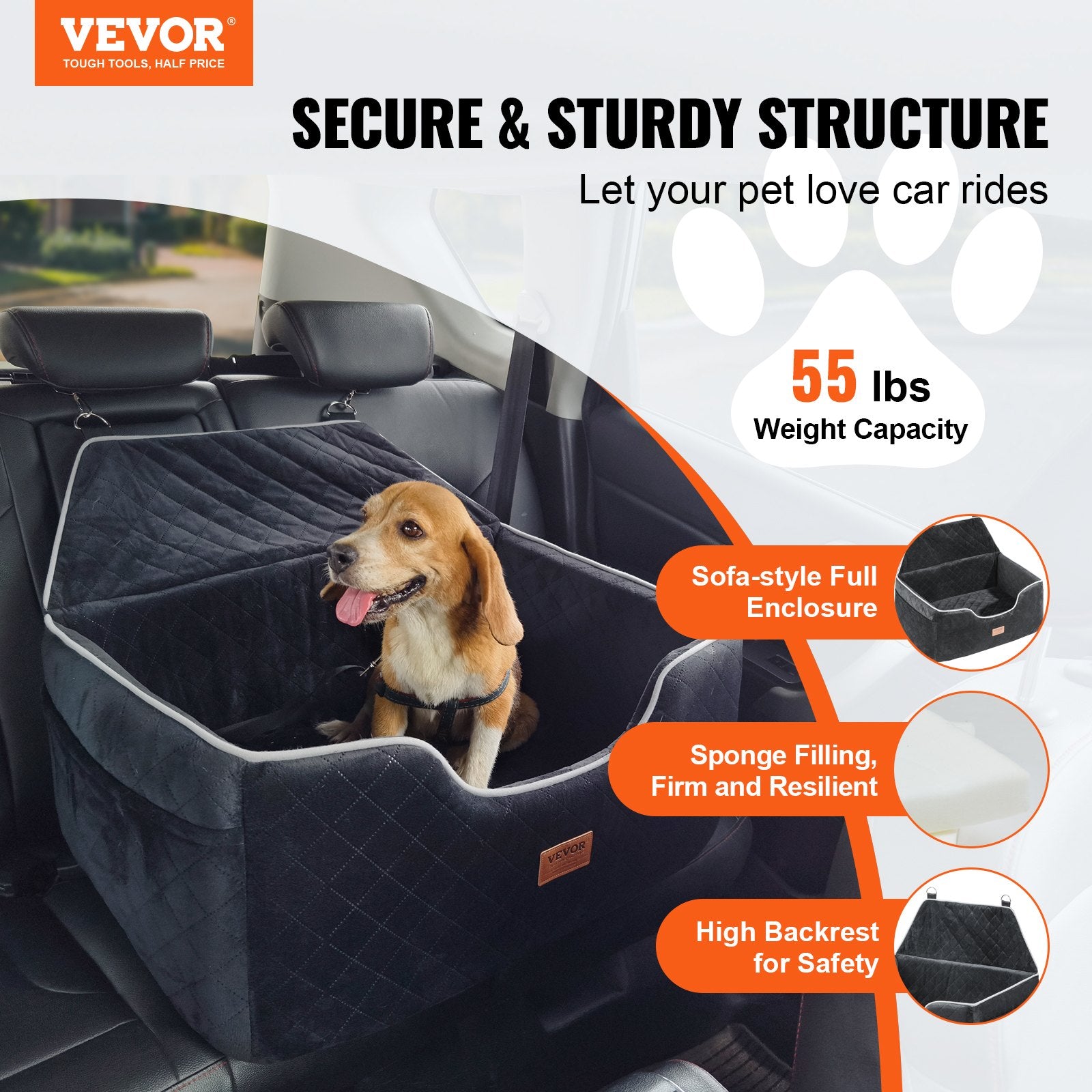 Dog Car Seat with Storage Pocket, Safety Leash, for Medium & Large Dogs, Black