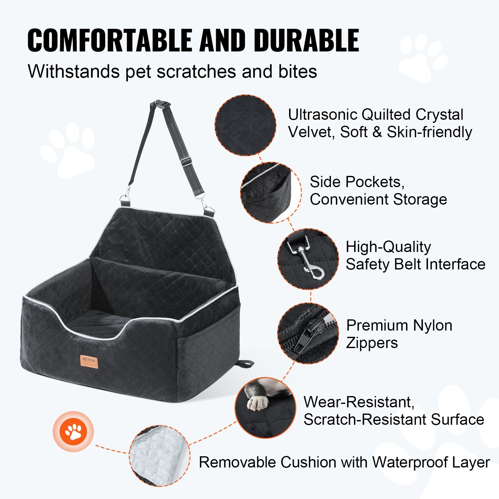 Dog Car Seat with Storage Pocket, Safety Leash, for Medium & Large Dogs, Black