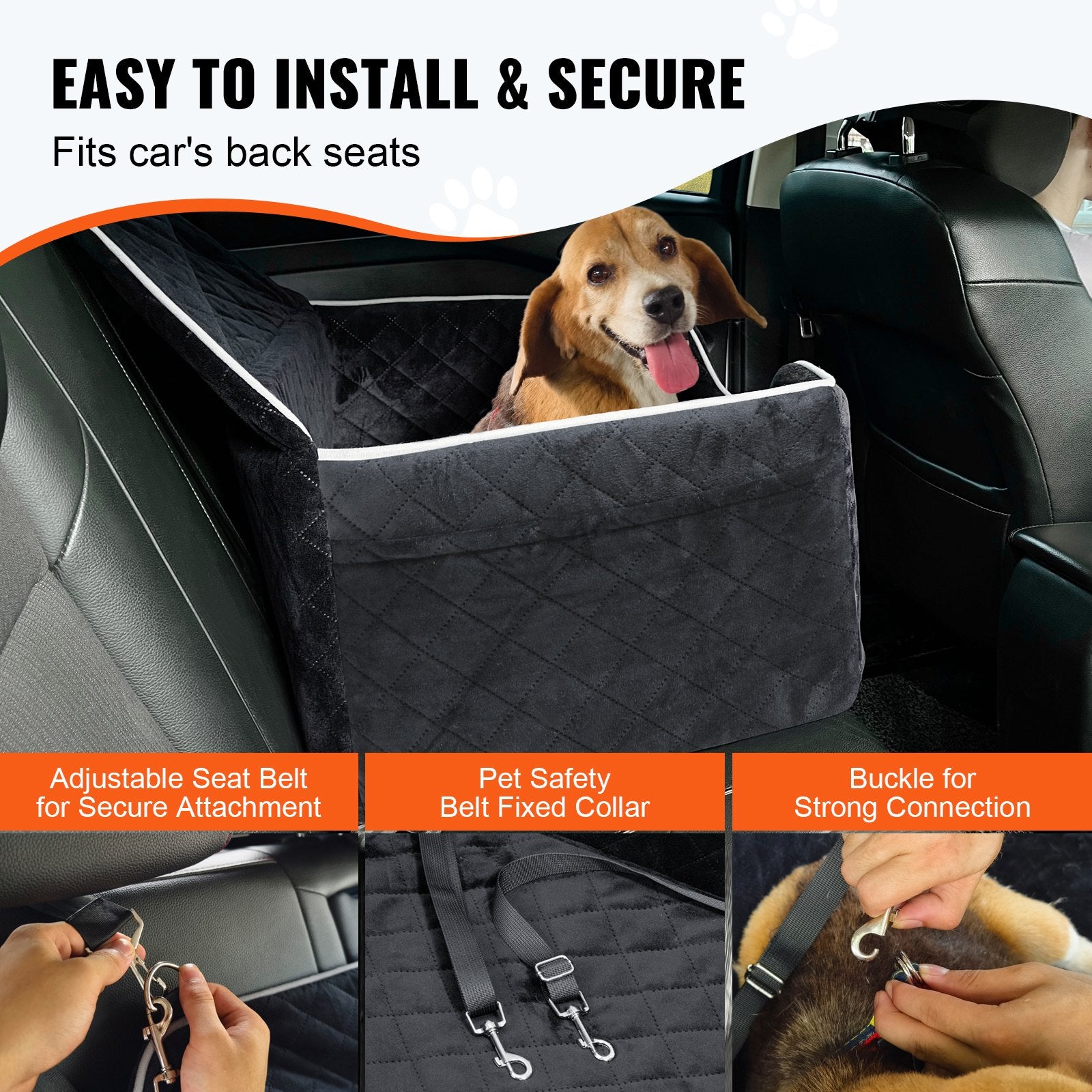 Dog Car Seat with Storage Pocket, Safety Leash, for Medium & Large Dogs, Black