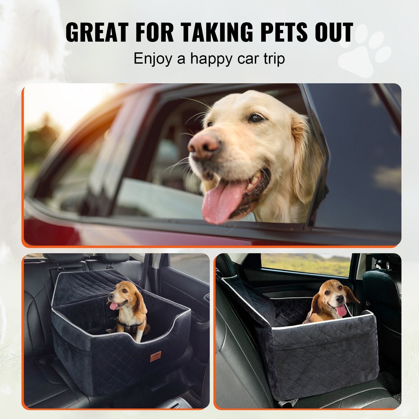 Dog Car Seat with Storage Pocket, Safety Leash, for Medium & Large Dogs, Black