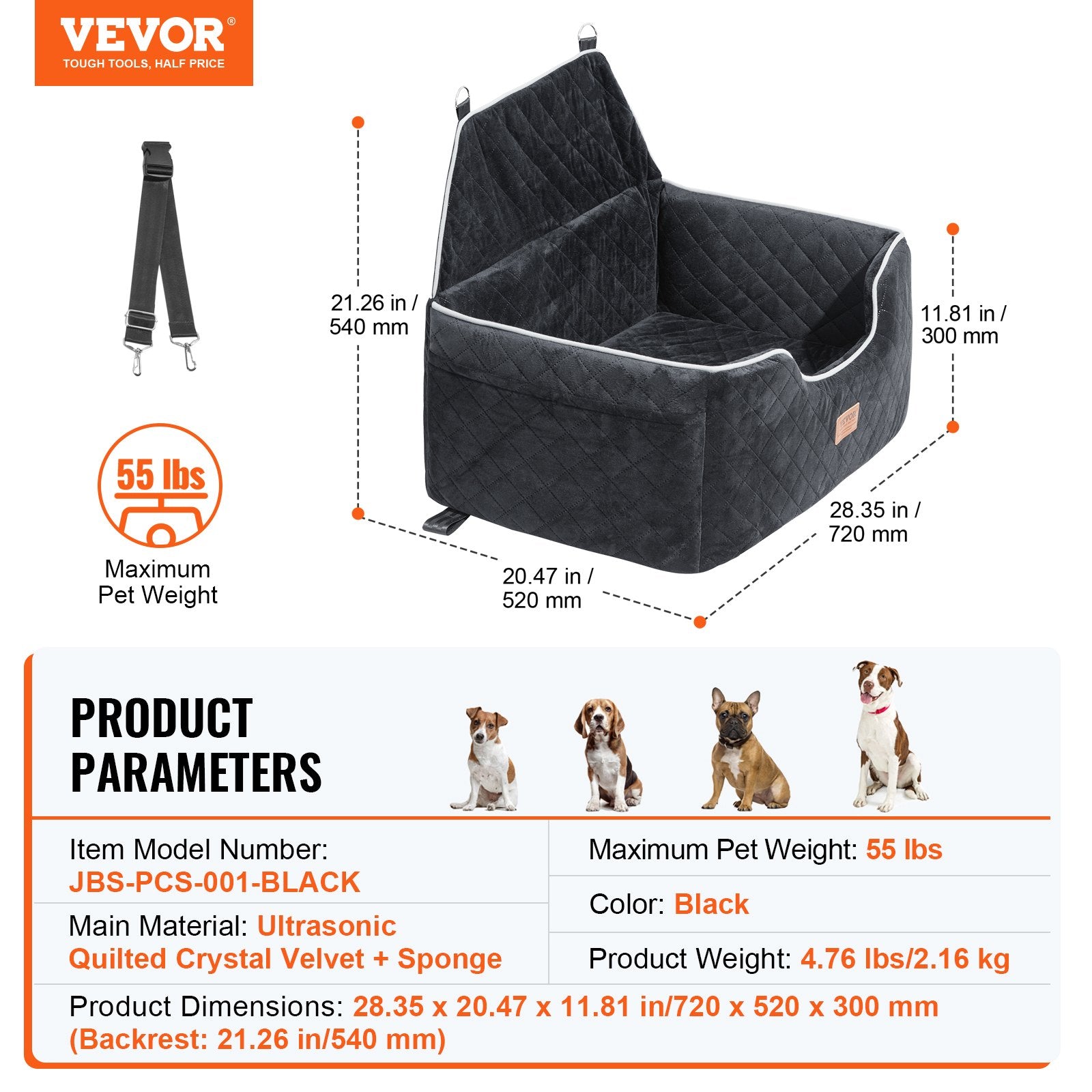 Dog Car Seat with Storage Pocket, Safety Leash, for Medium & Large Dogs, Black