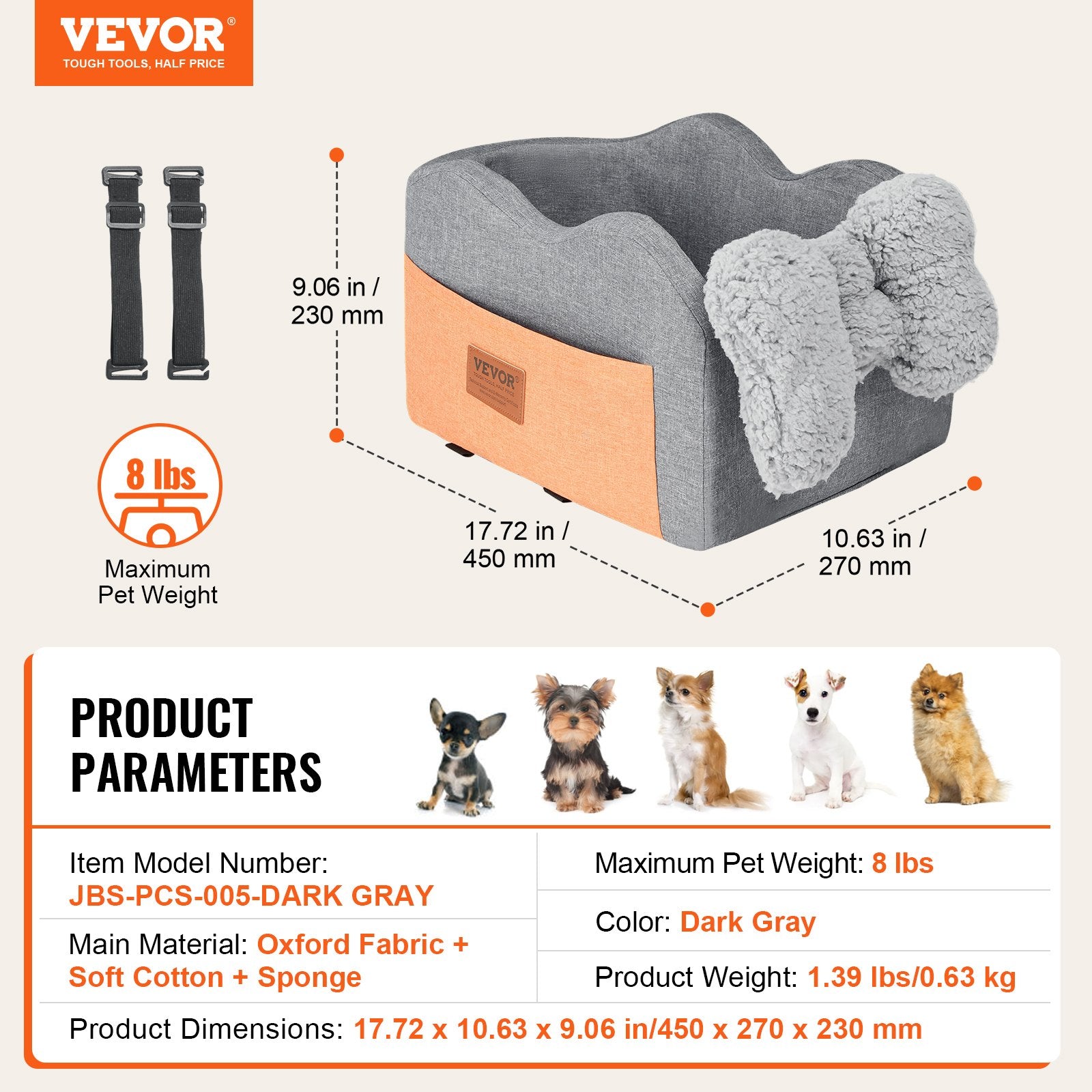 Dog Car Seat Console Center Booster Small Dog Clip-On Leash Adjustable Straps