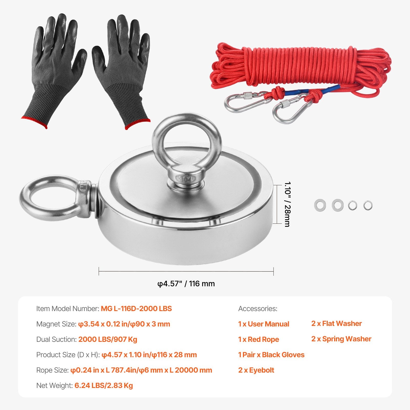 Magnet Fishing Kit 2000LBS Double-Sided Neodymium Grappling Hook Rope Gloves