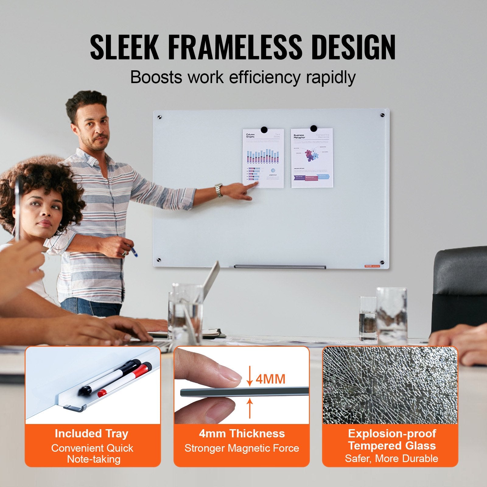 Magnetic Glass Whiteboard 36x24in Frameless Wall-Mounted Dry Erase Board Tray