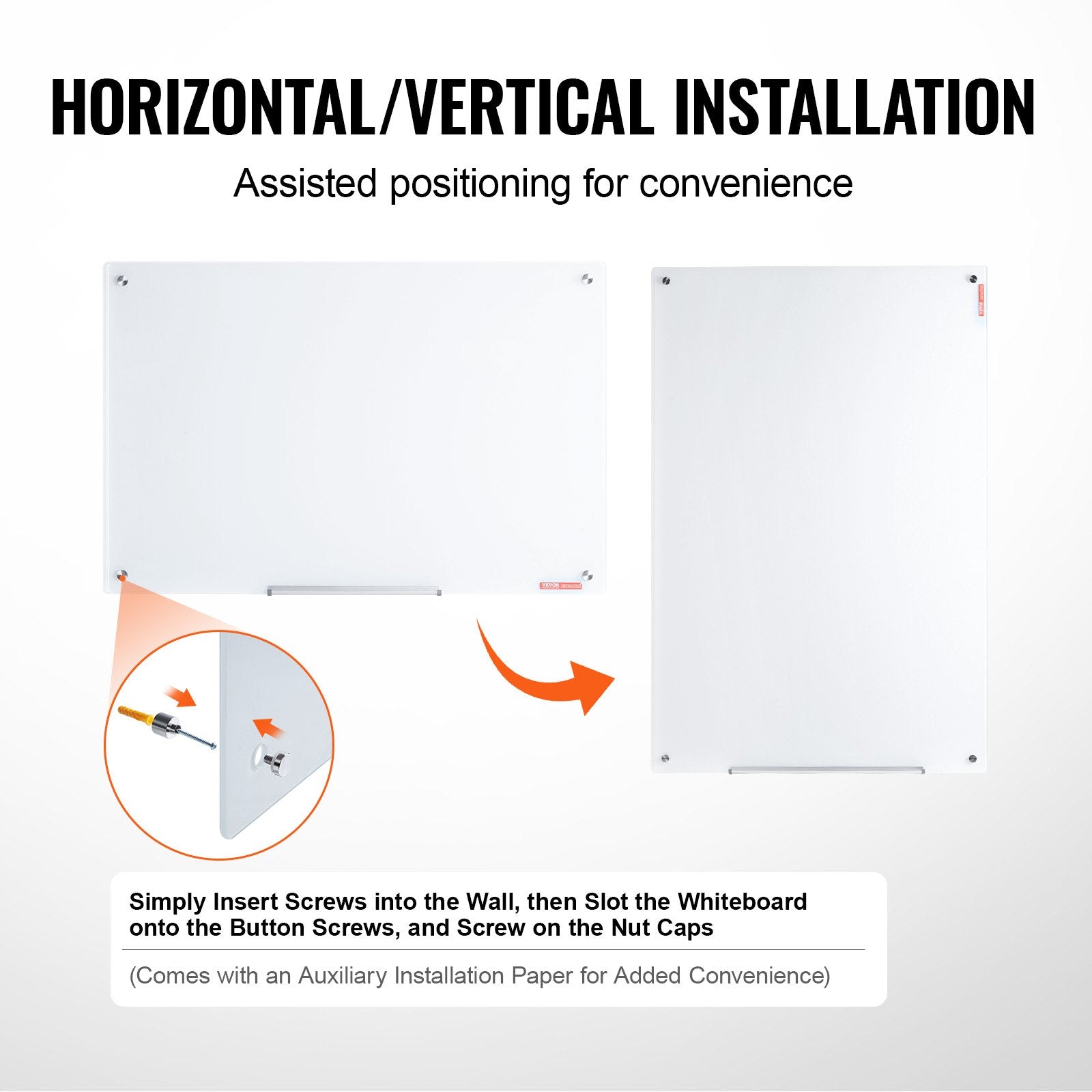 Magnetic Glass Whiteboard 36x24in Frameless Wall-Mounted Dry Erase Board Tray