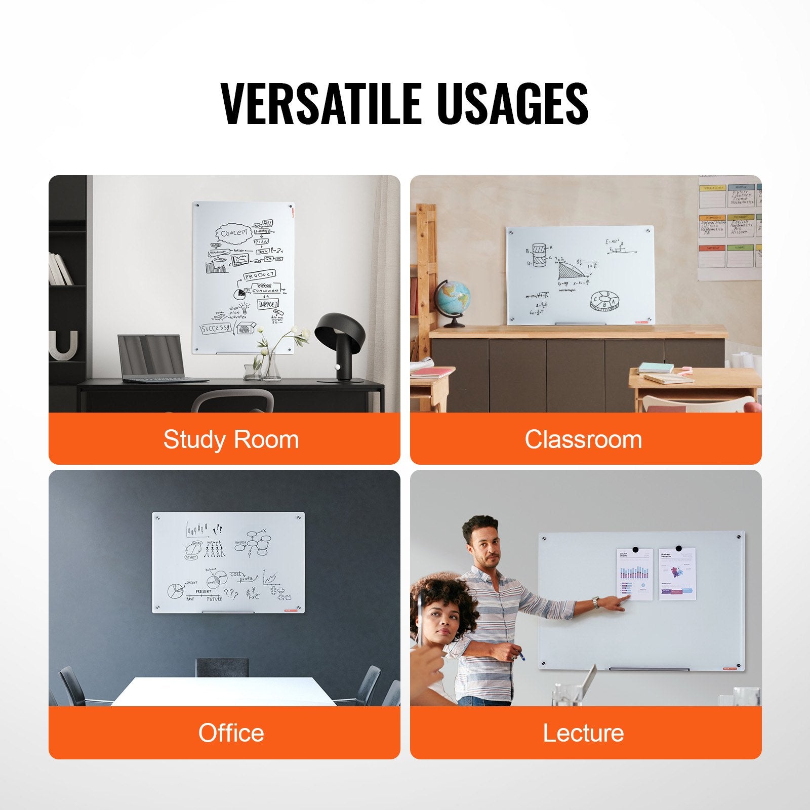 Magnetic Glass Whiteboard 36x24in Frameless Wall-Mounted Dry Erase Board Tray