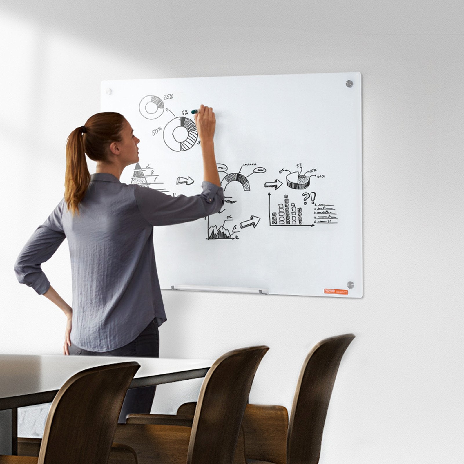 Magnetic Glass Whiteboard 36x24in Frameless Wall-Mounted Dry Erase Board Tray