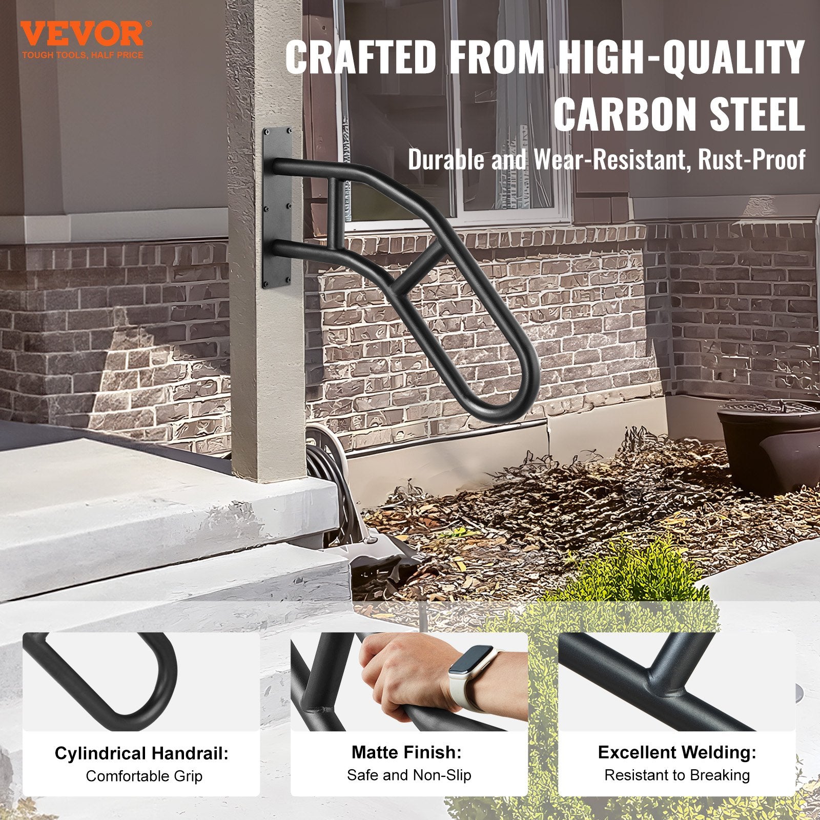 Handrails for Outdoor Steps 32" Wall Mount U-Shaped Matte Black Safety Rail