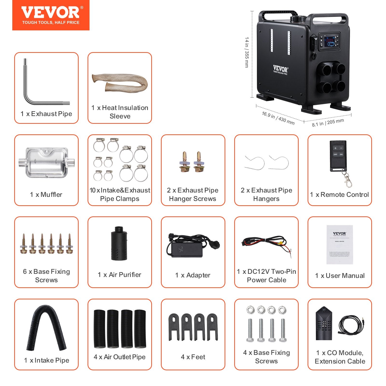 8KW Diesel Heater 12V/24V All-in-One Bluetooth Remote Display CO Alarm Vertical