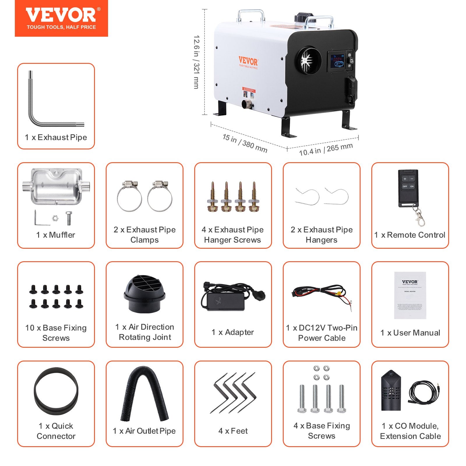 8KW Diesel Heater 12V/24V All-in-One with Bluetooth Remote Display CO Alarm