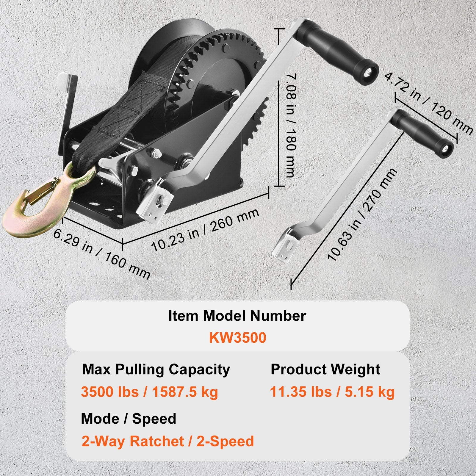 Hand Winch 1587.5kg Boat Trailer Heavy Duty Rope Crank with 10m Strap