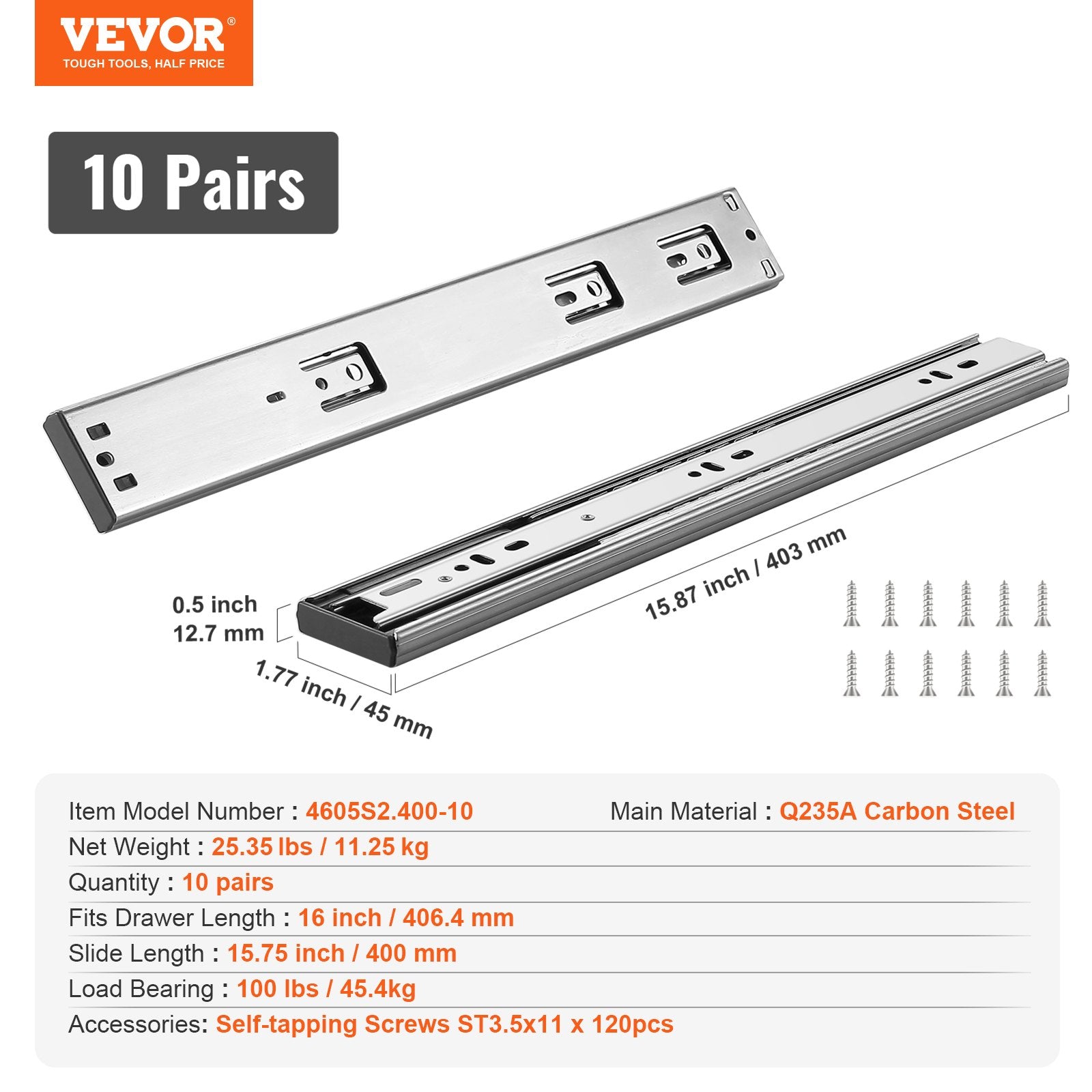 10 Pairs 406.4mm Drawer Slides Side Mount Steel Full Extension Soft-Close