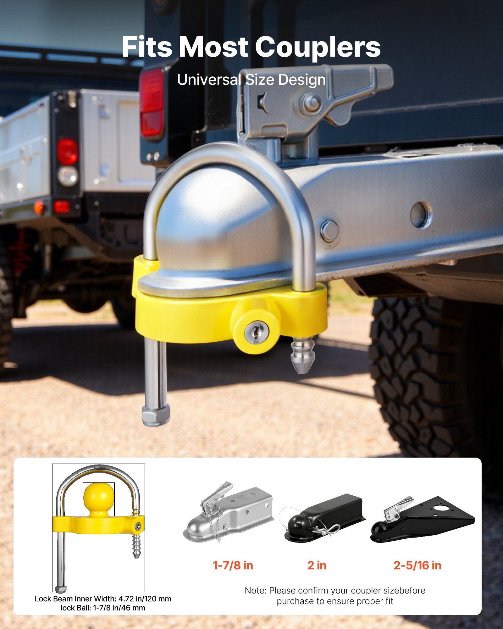 Trailer Hitch Lock Kit for 46-58.7mm Couplers, Heavy-Duty Anti-Theft with Keys