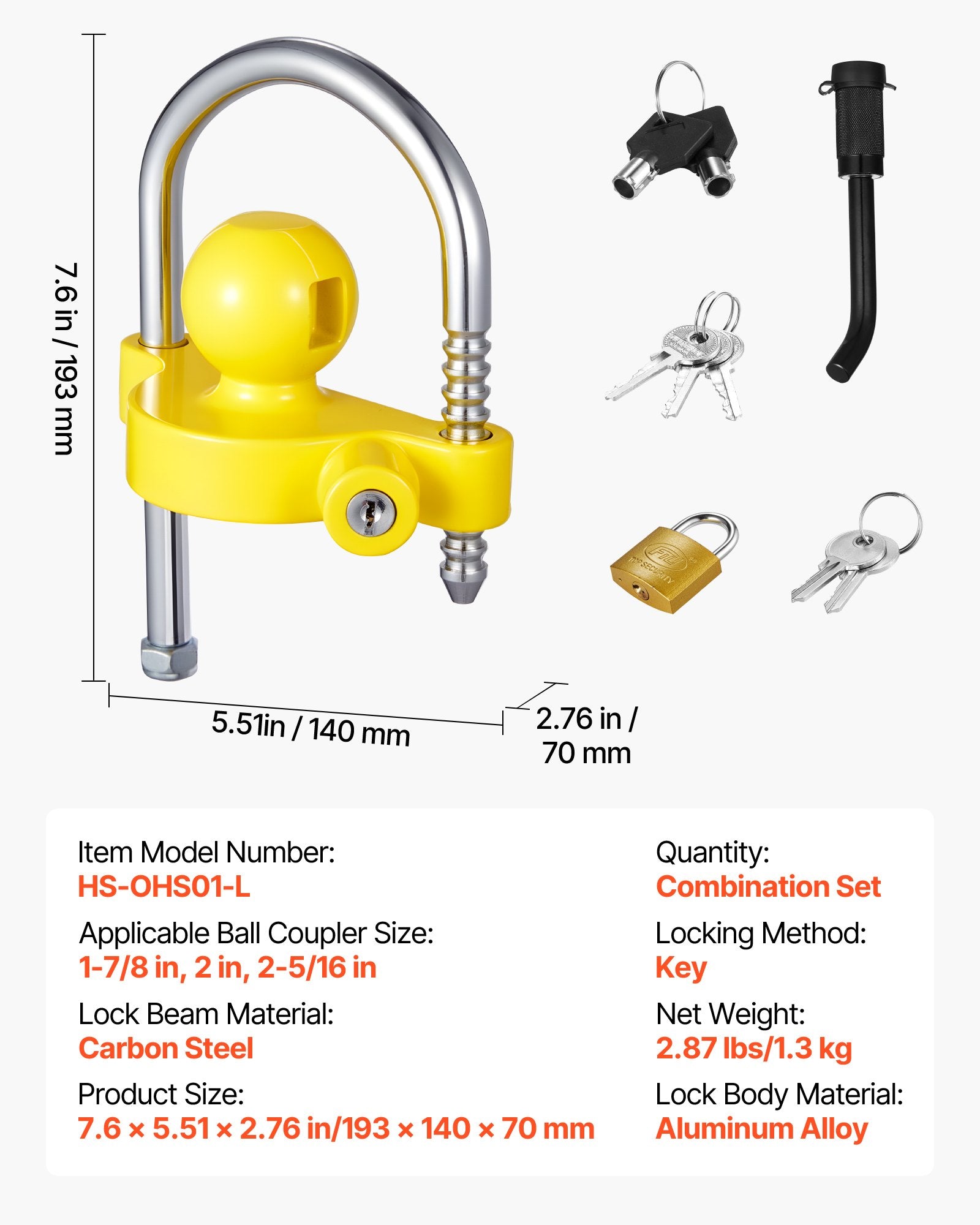 Trailer Hitch Lock Kit for 46-58.7mm Couplers, Heavy-Duty Anti-Theft with Keys