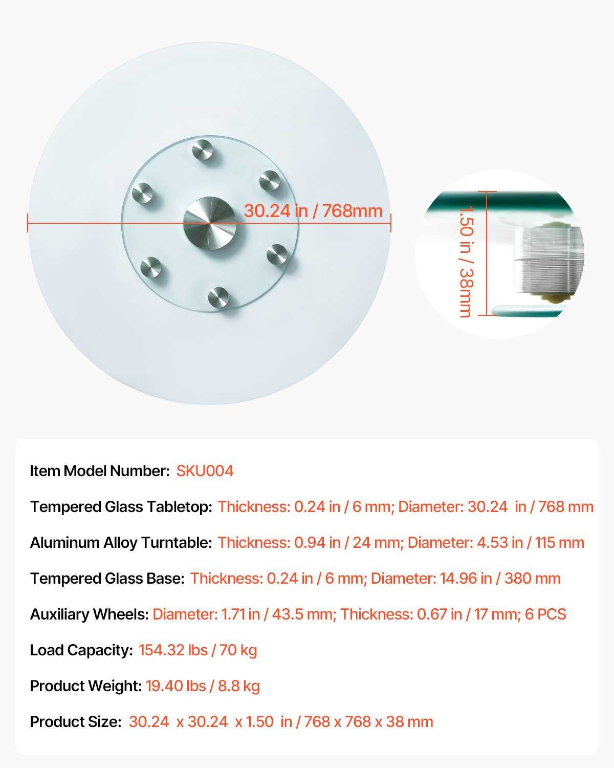 76.8cm Glass Lazy Susan Turntable 360° Rotating Tempered Table Tray