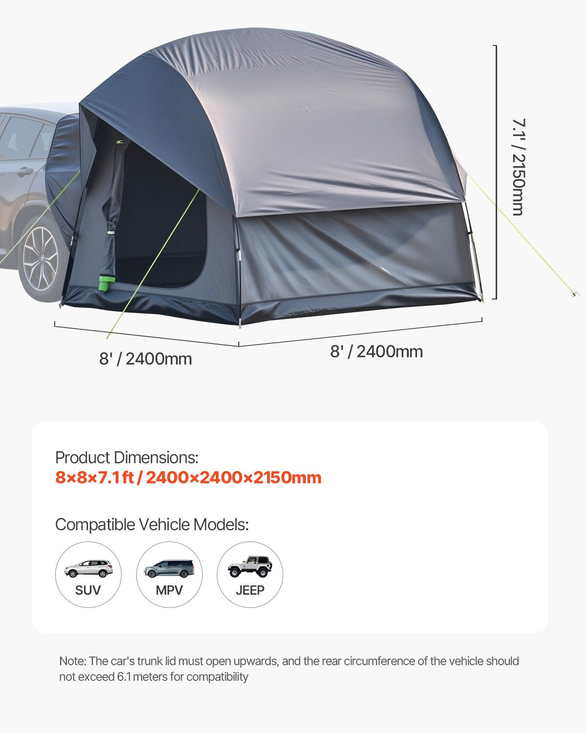 SUV Camping Tent 8FT x 8FT Waterproof PU2000mm Double Layer for 5-8 Person