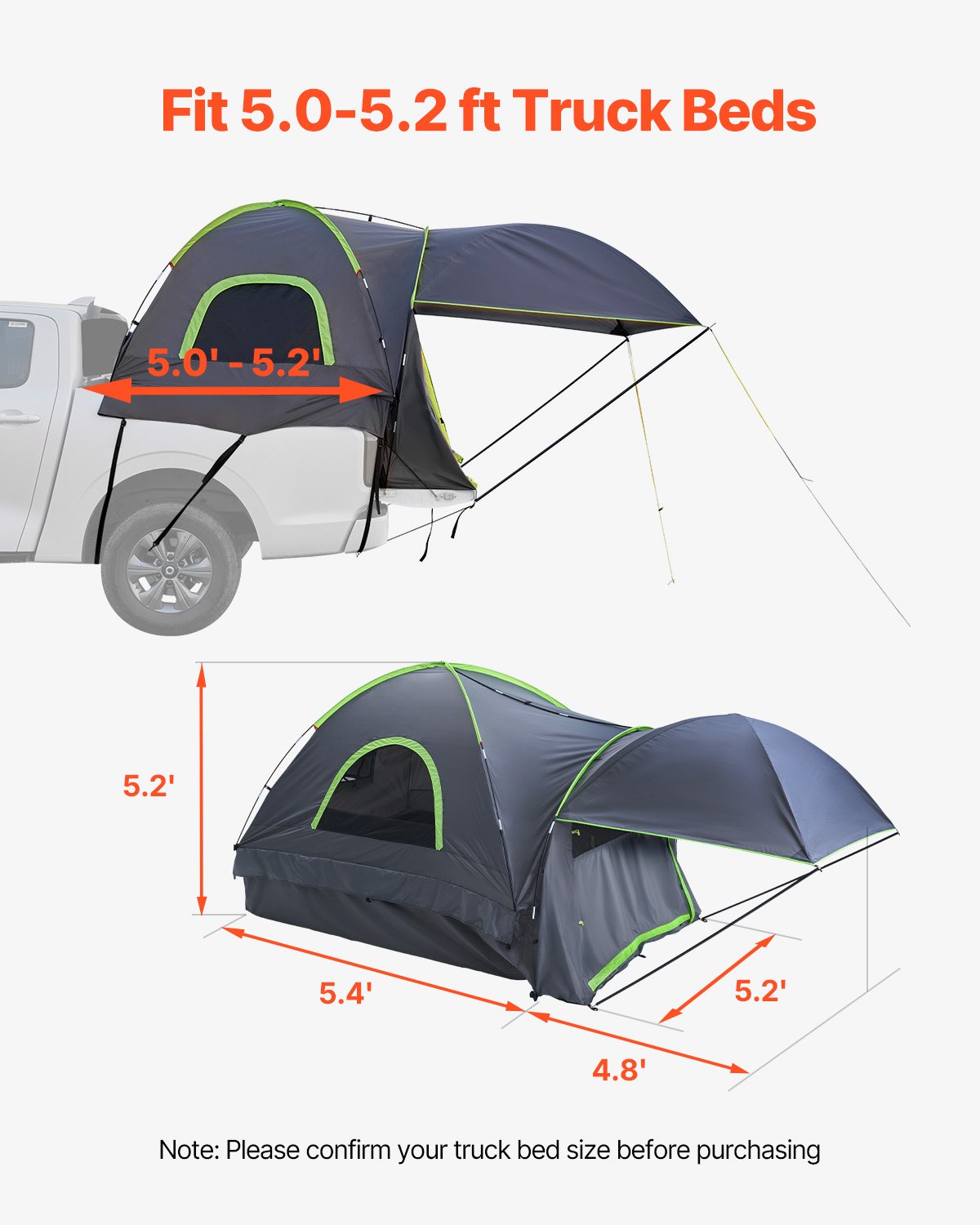 Pickup Truck Tent 5.0-5.2ft Waterproof PU2000 2-3 Person Sleeping with Awning