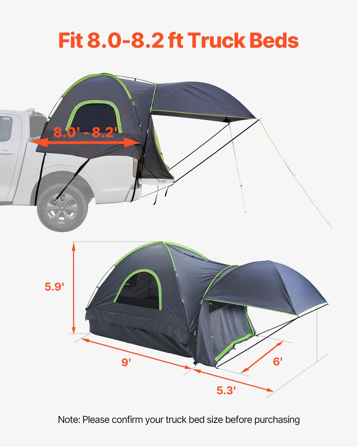 Pickup Truck Tent 8.0-8.2ft Waterproof PU2000 2-3 Person Sleeping with Awning