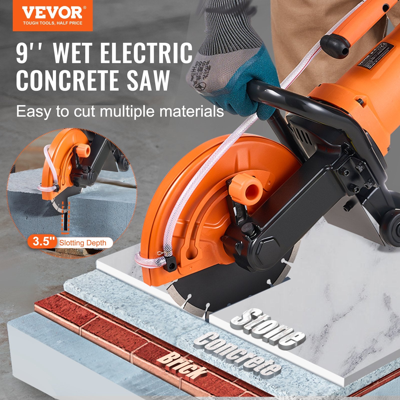 Electric Concrete Saw 9 in 2000W Circular Cutter 3.5 in Depth Wet/Dry