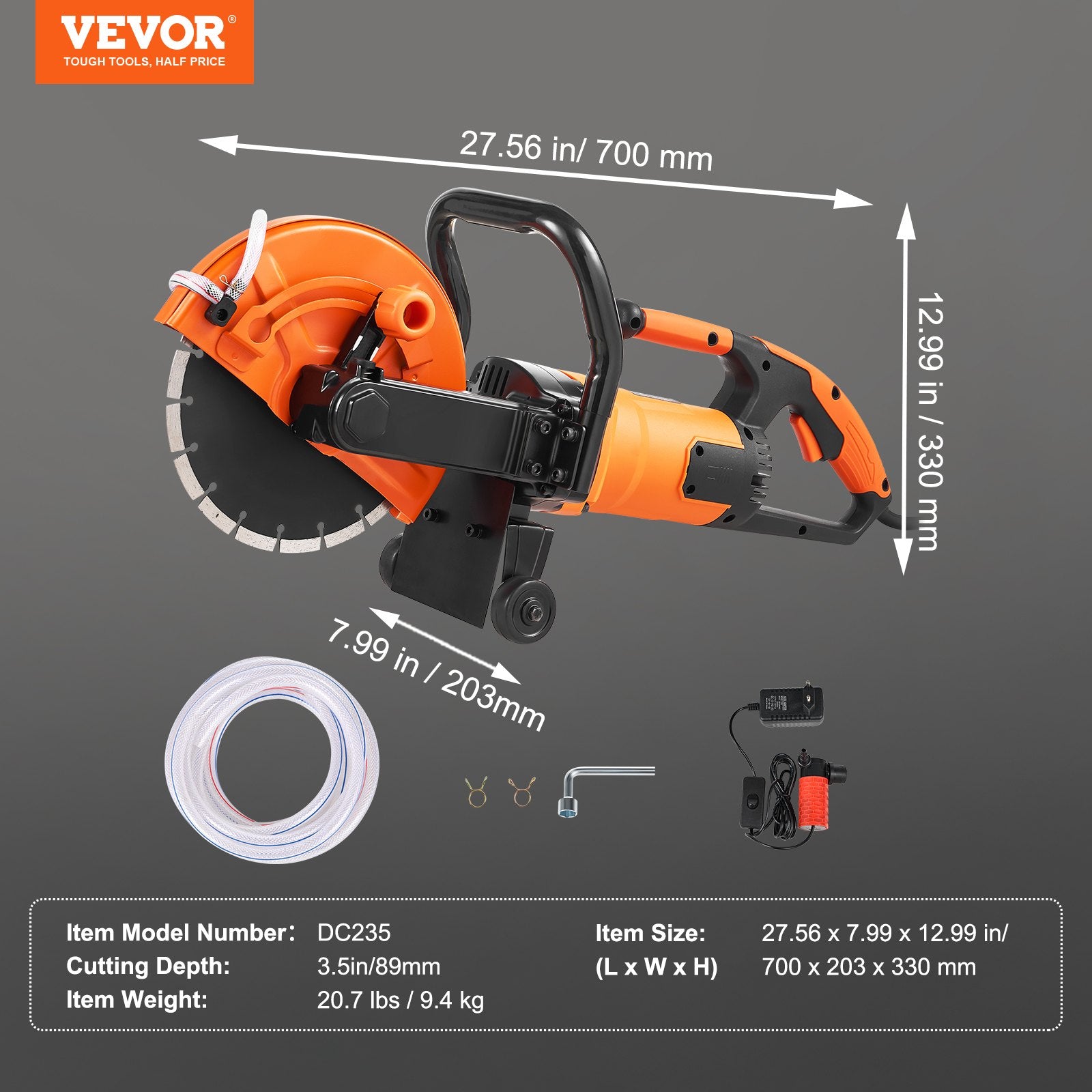 Electric Concrete Saw 9 in 2000W Circular Cutter 3.5 in Depth Wet/Dry