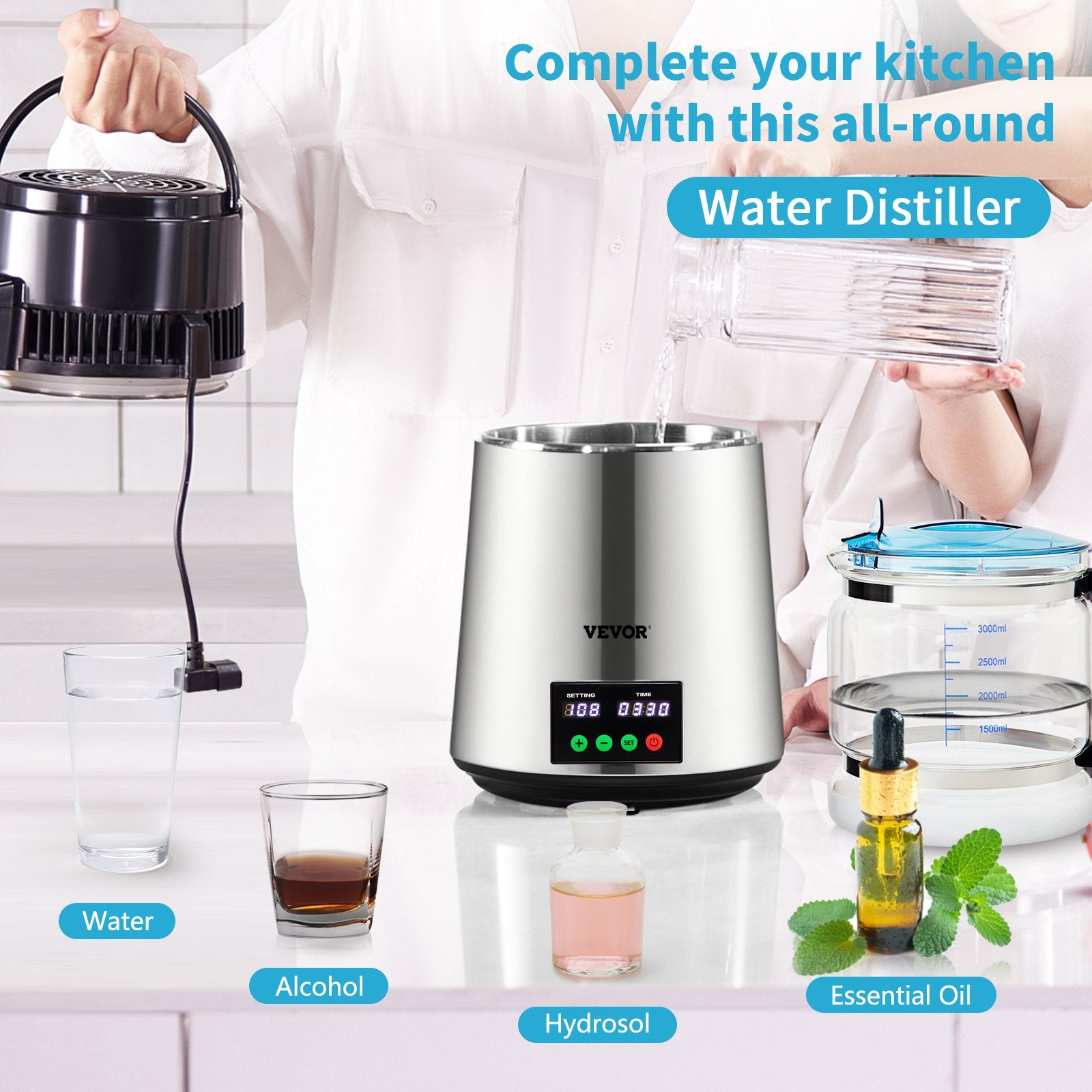 1.1 Gal Water Distiller 304 Stainless 750W Countertop Maker with Glass Carafe