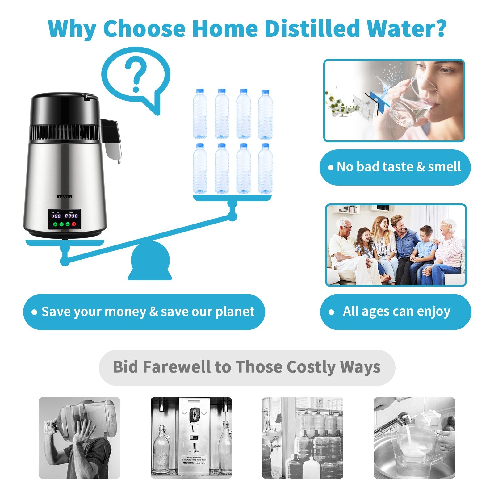 1.1 Gal Water Distiller 304 Stainless 750W Countertop Maker with Glass Carafe