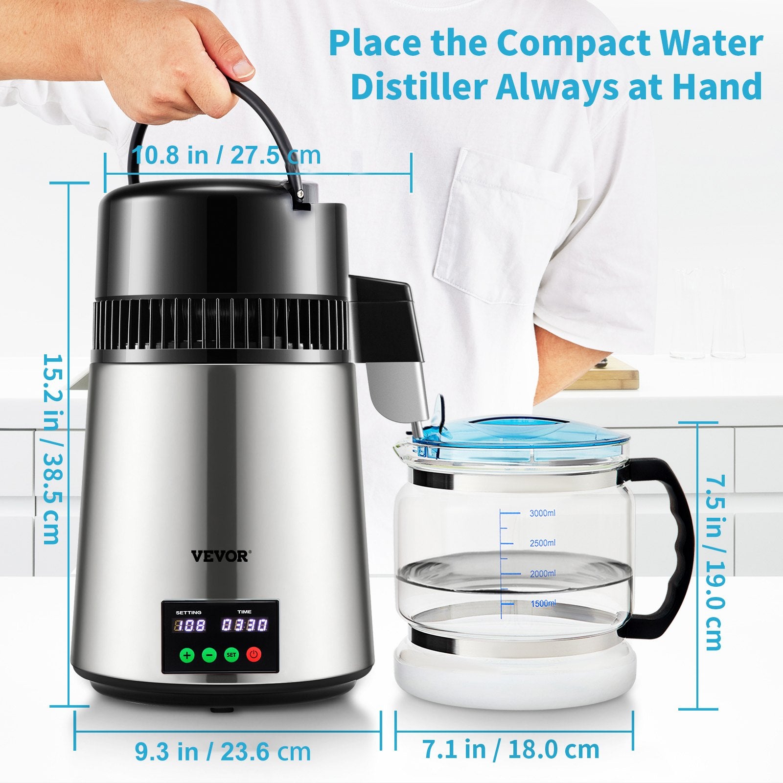 1.1 Gal Water Distiller 304 Stainless 750W Countertop Maker with Glass Carafe