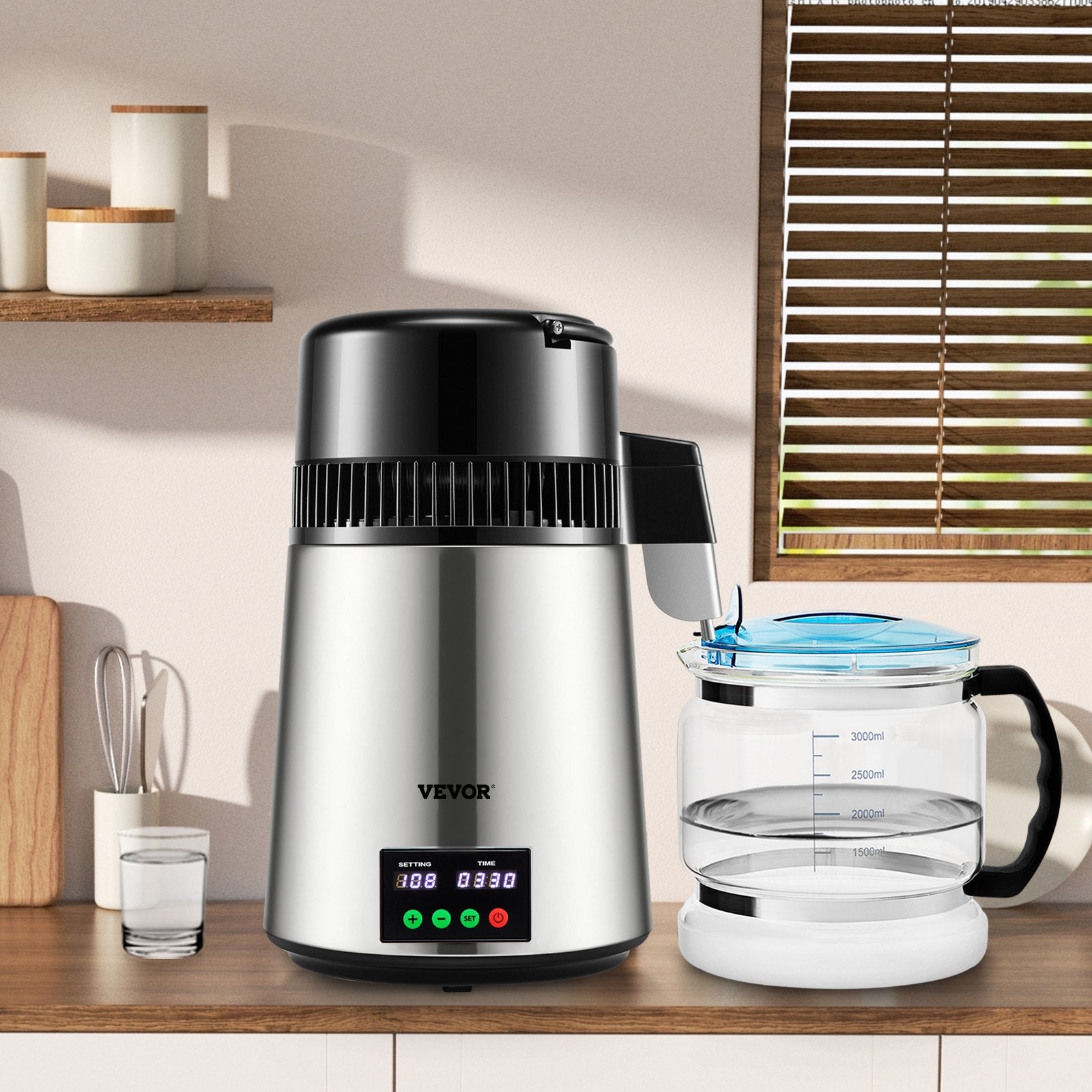 1.1 Gal Water Distiller 304 Stainless 750W Countertop Maker with Glass Carafe