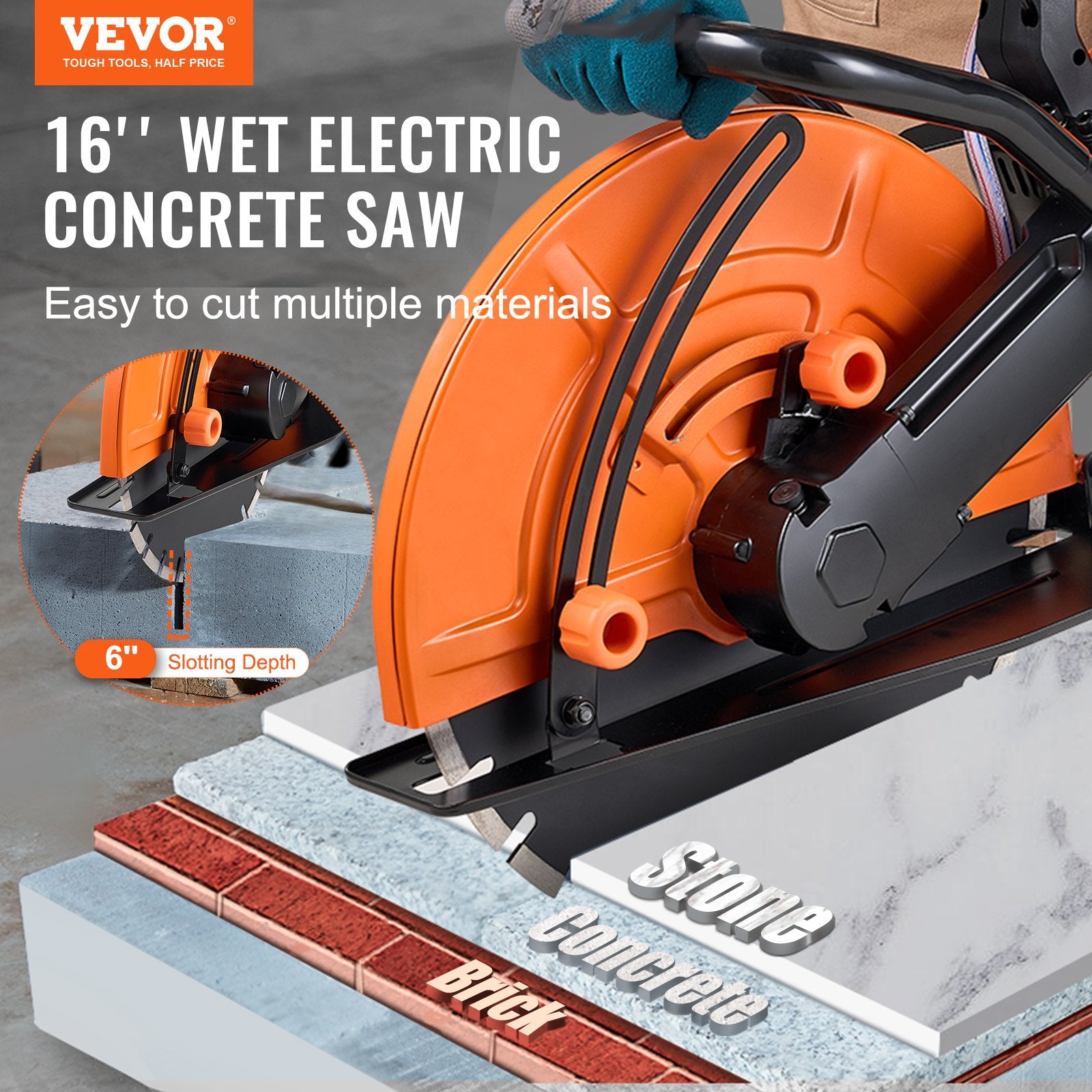 Electric Concrete Saw 16 in 2800W 15A Circular Cutter 6 in Depth Wet Saw