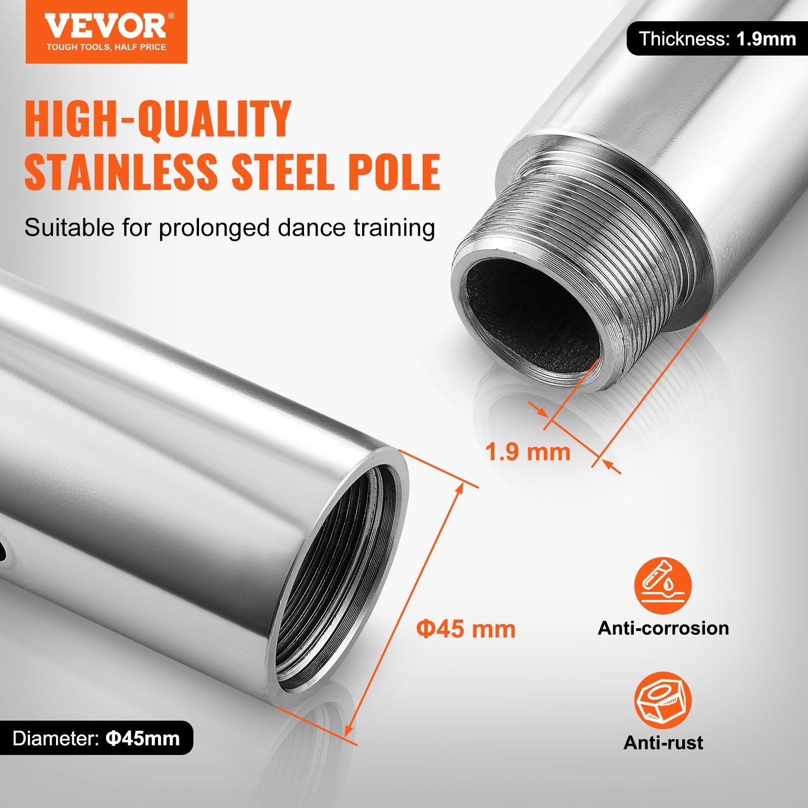 Dancing Pole 45mm Heavy-Duty Stainless Steel Spinning Static Adjustable