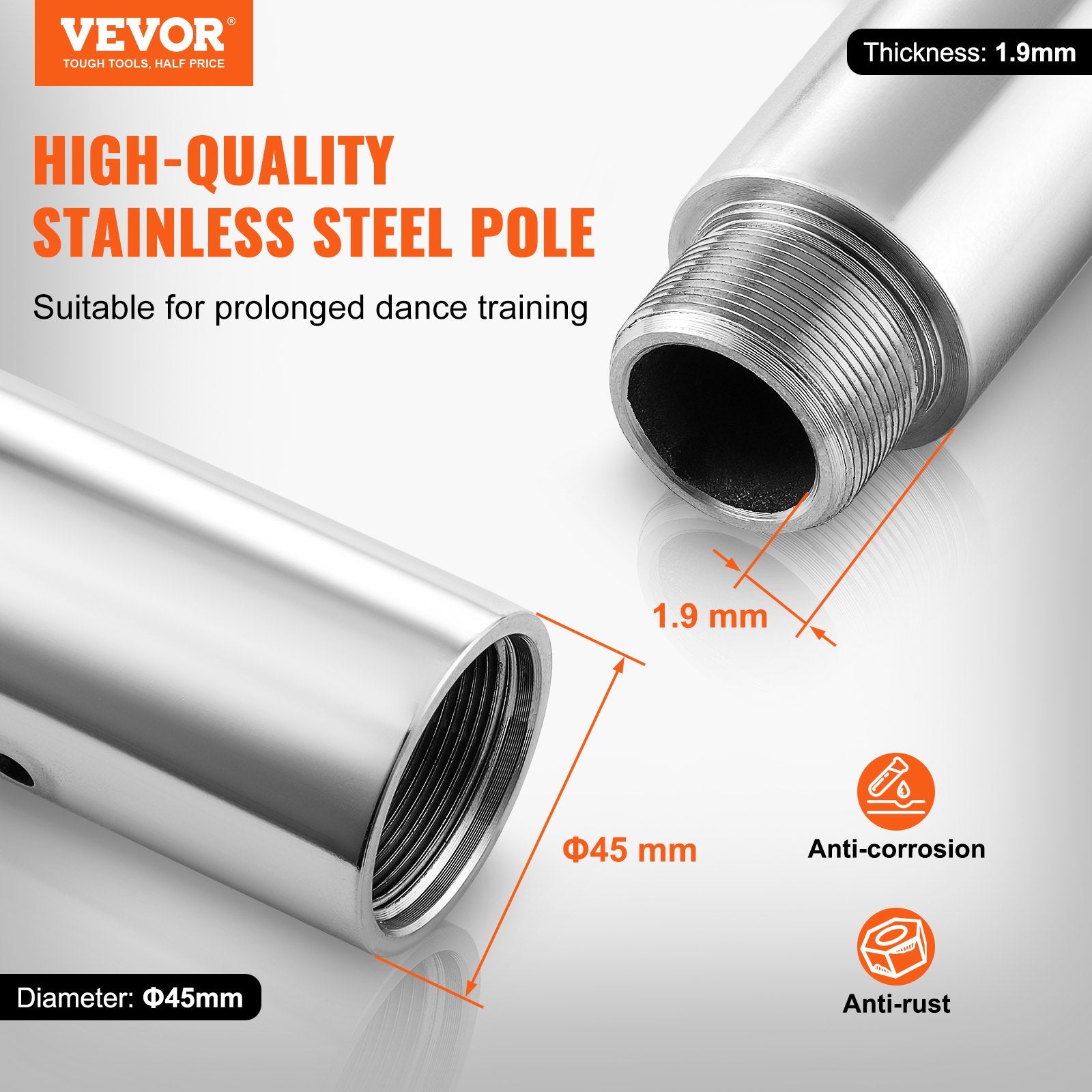 Dancing Pole 45mm Heavy-Duty Stainless Steel Spinning Static Adjustable Pro