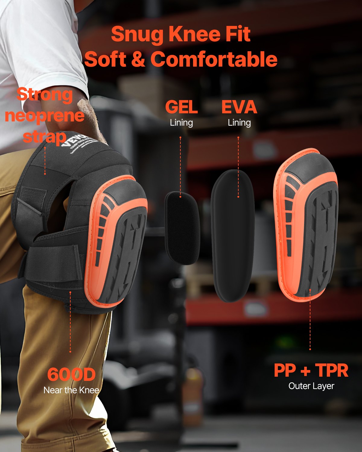 Knee Pads for Work Heavy Duty with 2 Straps Anti-Slip Foam Gel Black & Orange