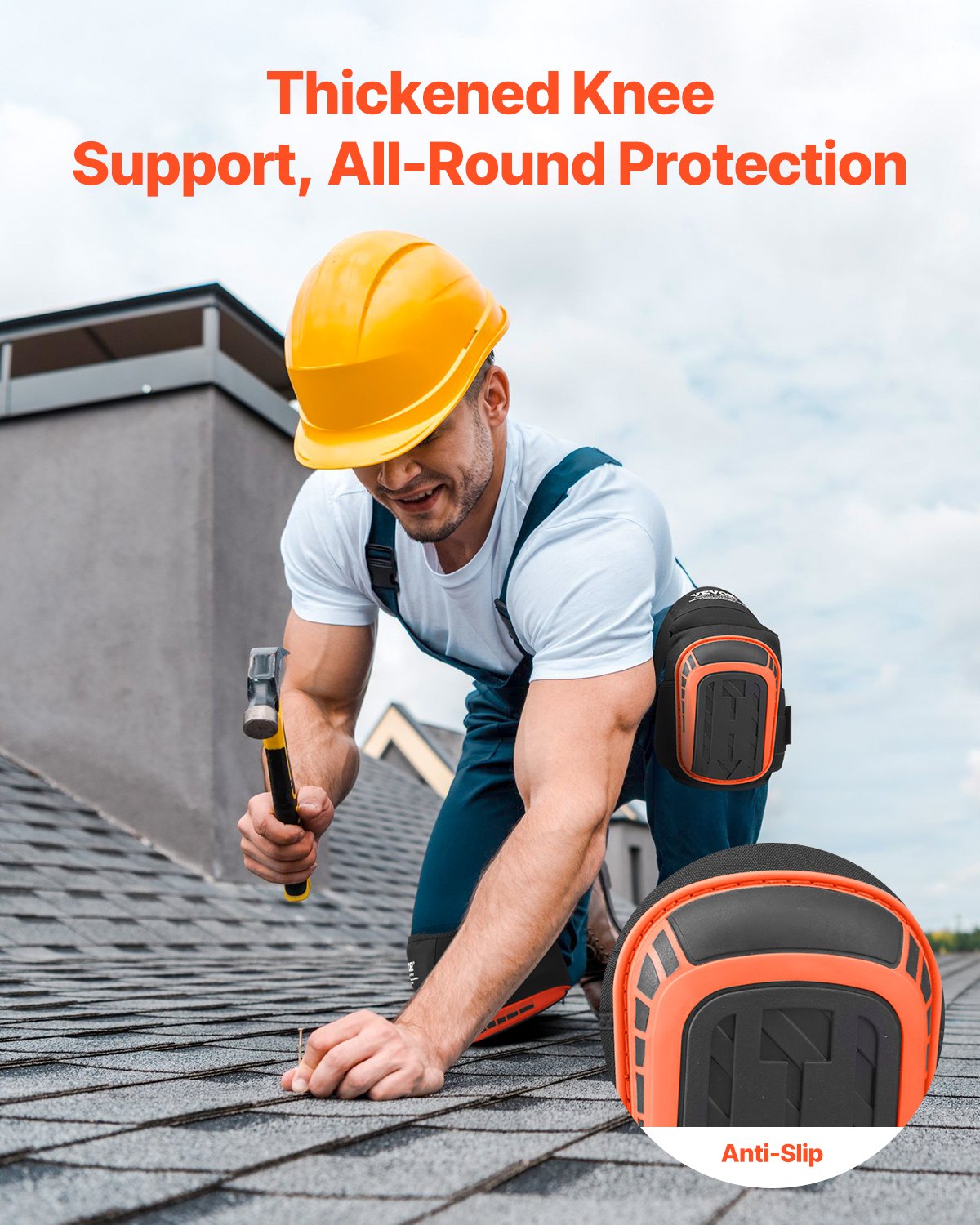 Knee Pads for Work Heavy Duty with 2 Straps Anti-Slip Foam Gel Black & Orange