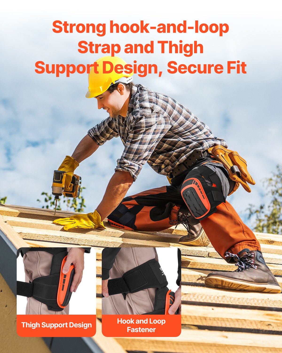 Knee Pads for Work Heavy Duty with 2 Straps Anti-Slip Foam Gel Black & Orange