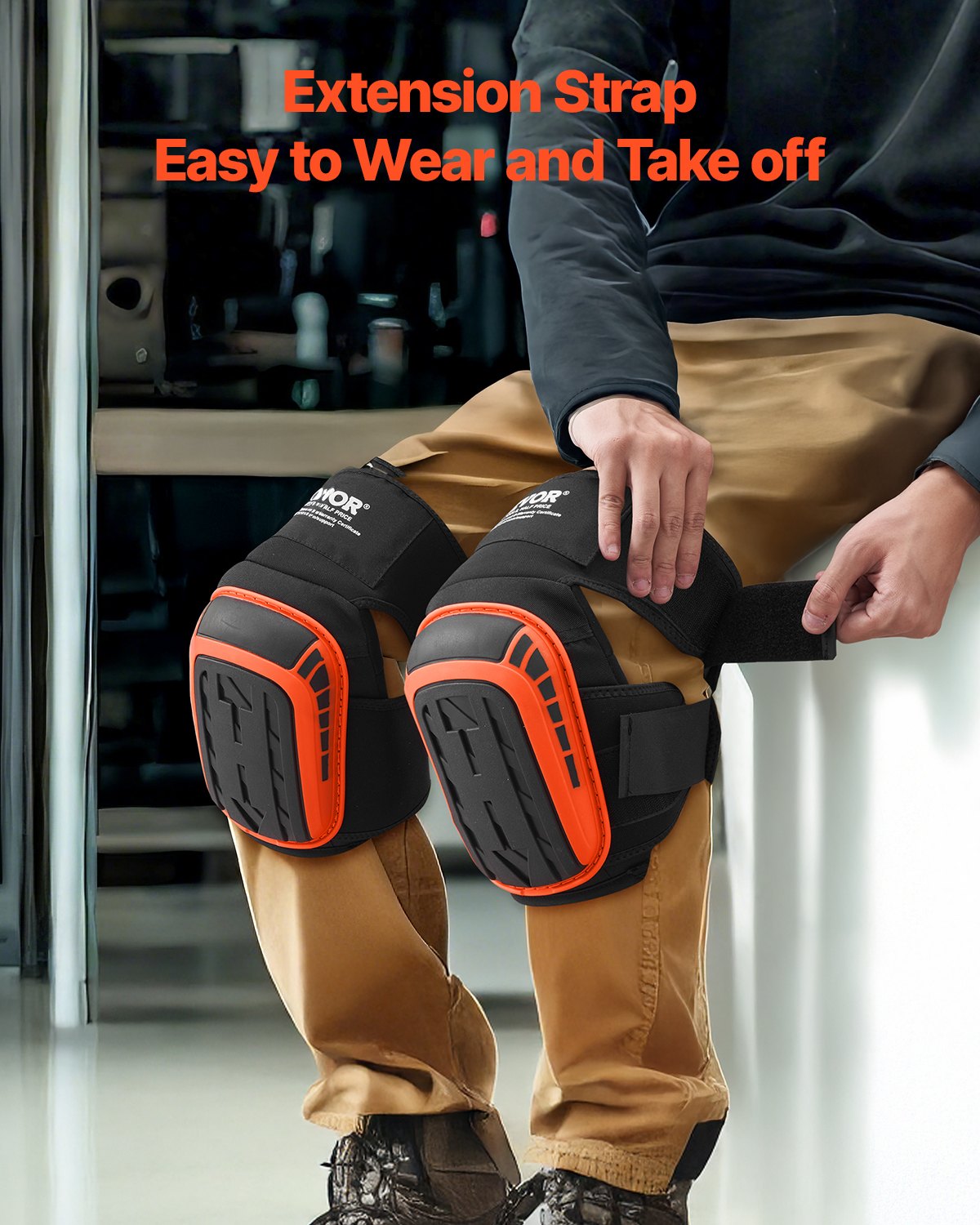 Knee Pads for Work Heavy Duty with 2 Straps Anti-Slip Foam Gel Black & Orange