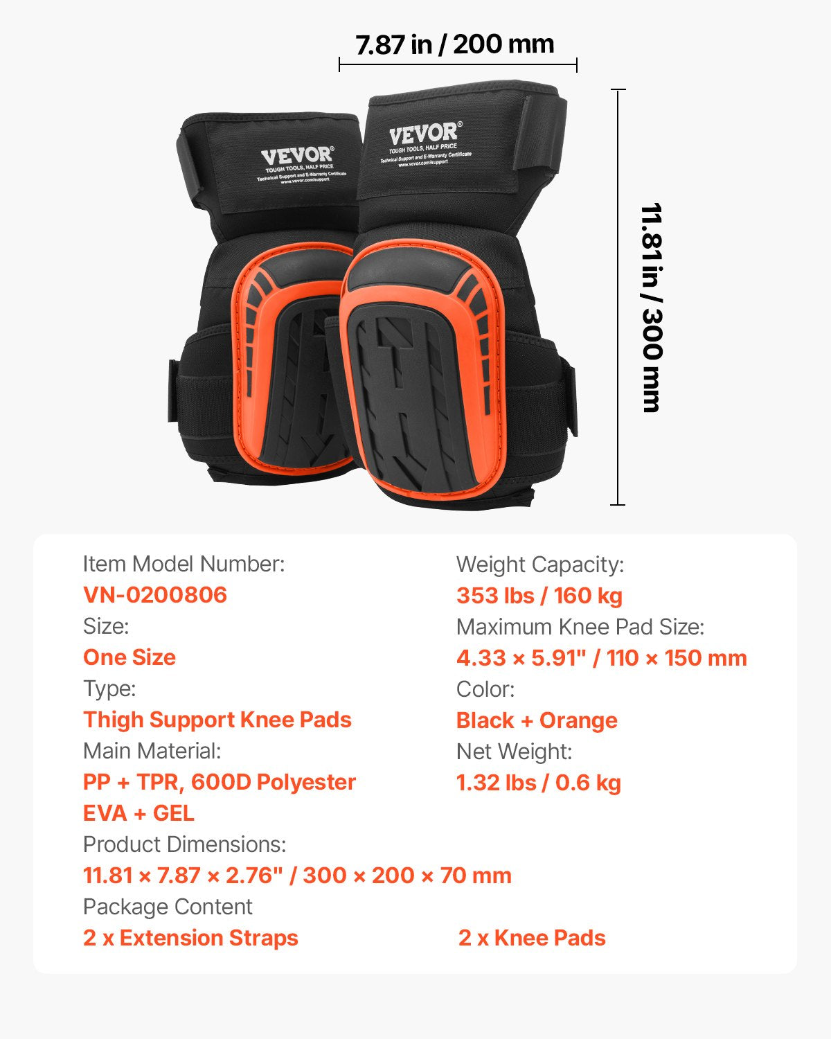 Knee Pads for Work Heavy Duty with 2 Straps Anti-Slip Foam Gel Black & Orange