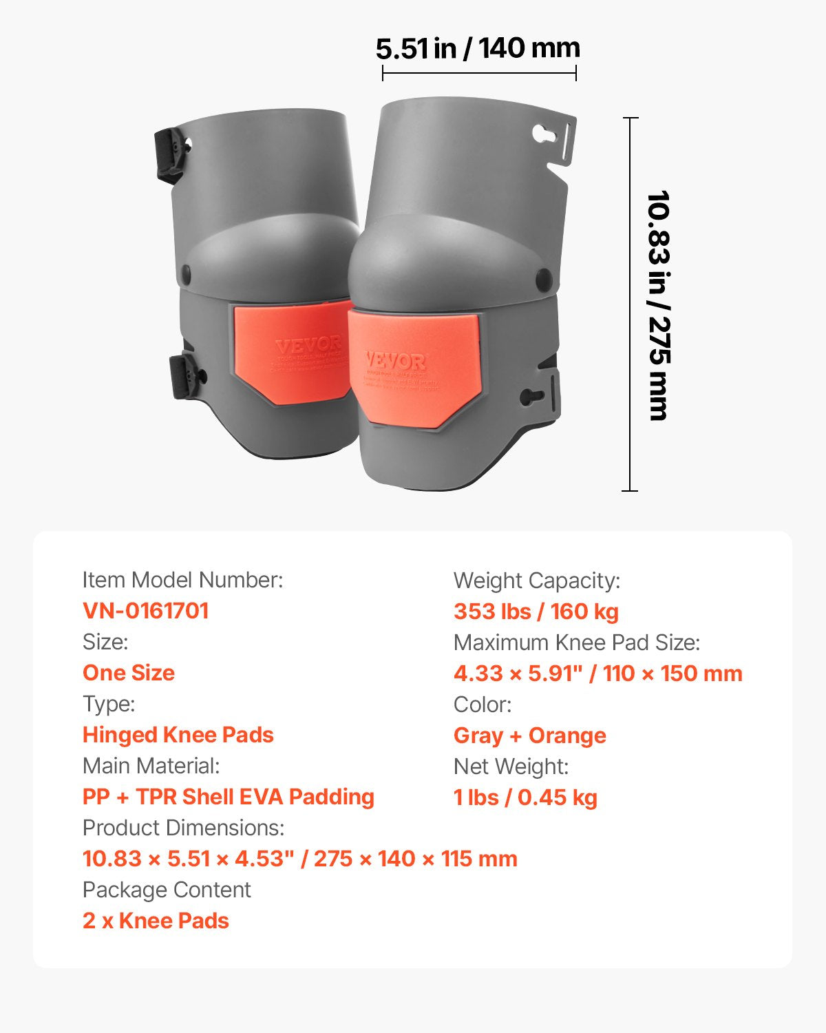 Knee Pas for Work Extra Thick Foam Cushion Construction Protection Gray & Orange