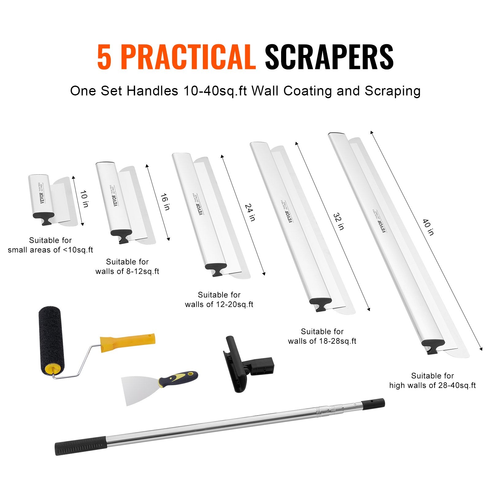 Drywall Skimming Blade Set 10/16/24/32/40in with Extension Handle