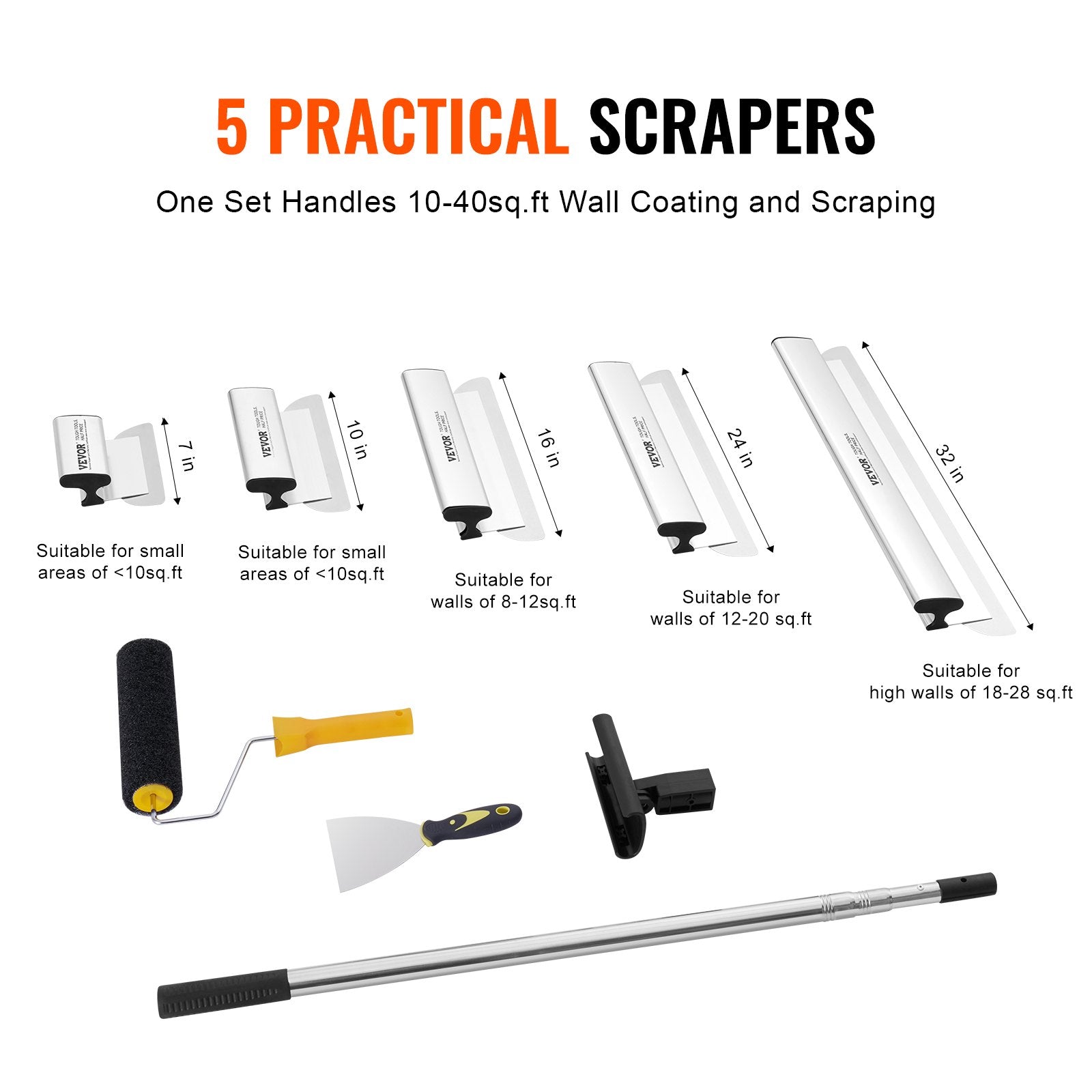 Drywall Skimming Blade Set 7/10/14/16/24in with Extension Handle