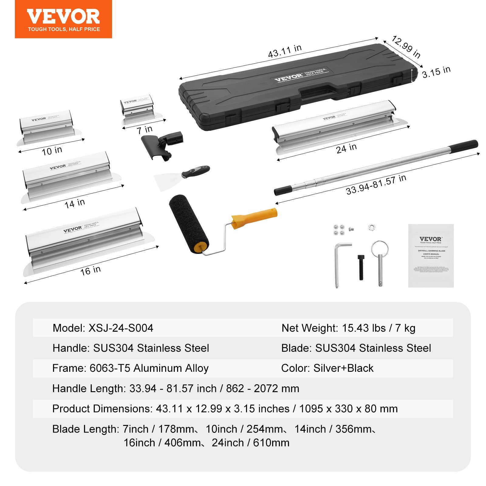 Drywall Skimming Blade Set 7/10/14/16/24in with Extension Handle